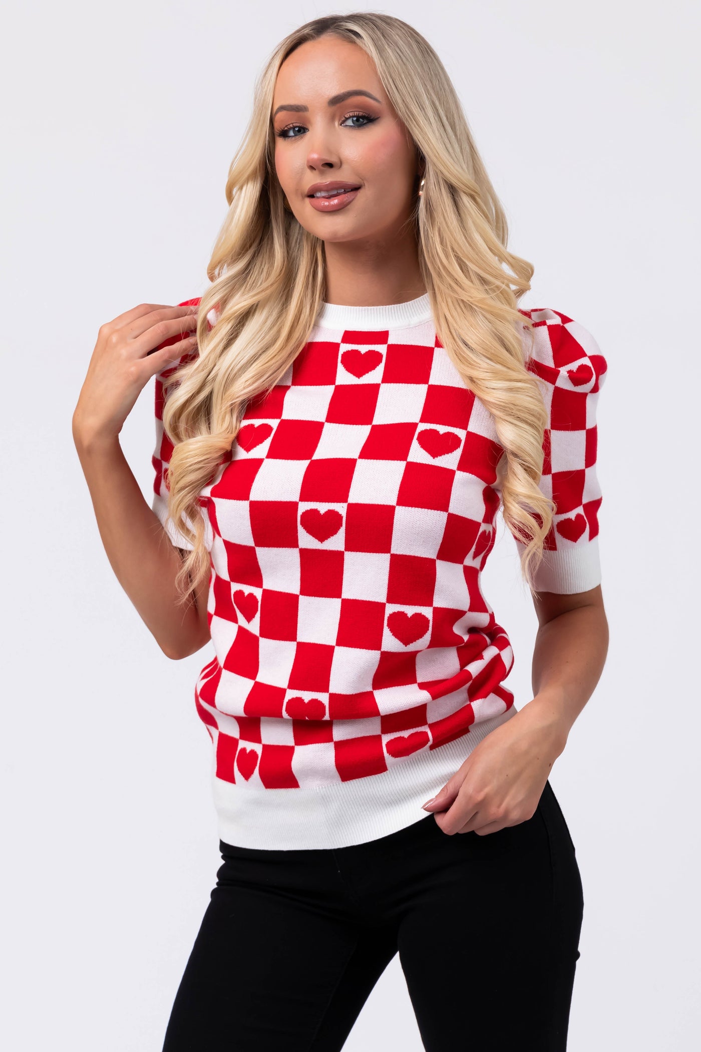 Lipstick and Ivory Checkered Heart Sweater Top