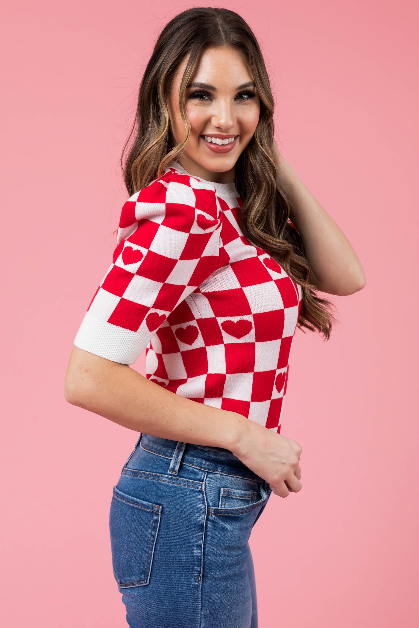 Lipstick and Ivory Checkered Heart Sweater Top