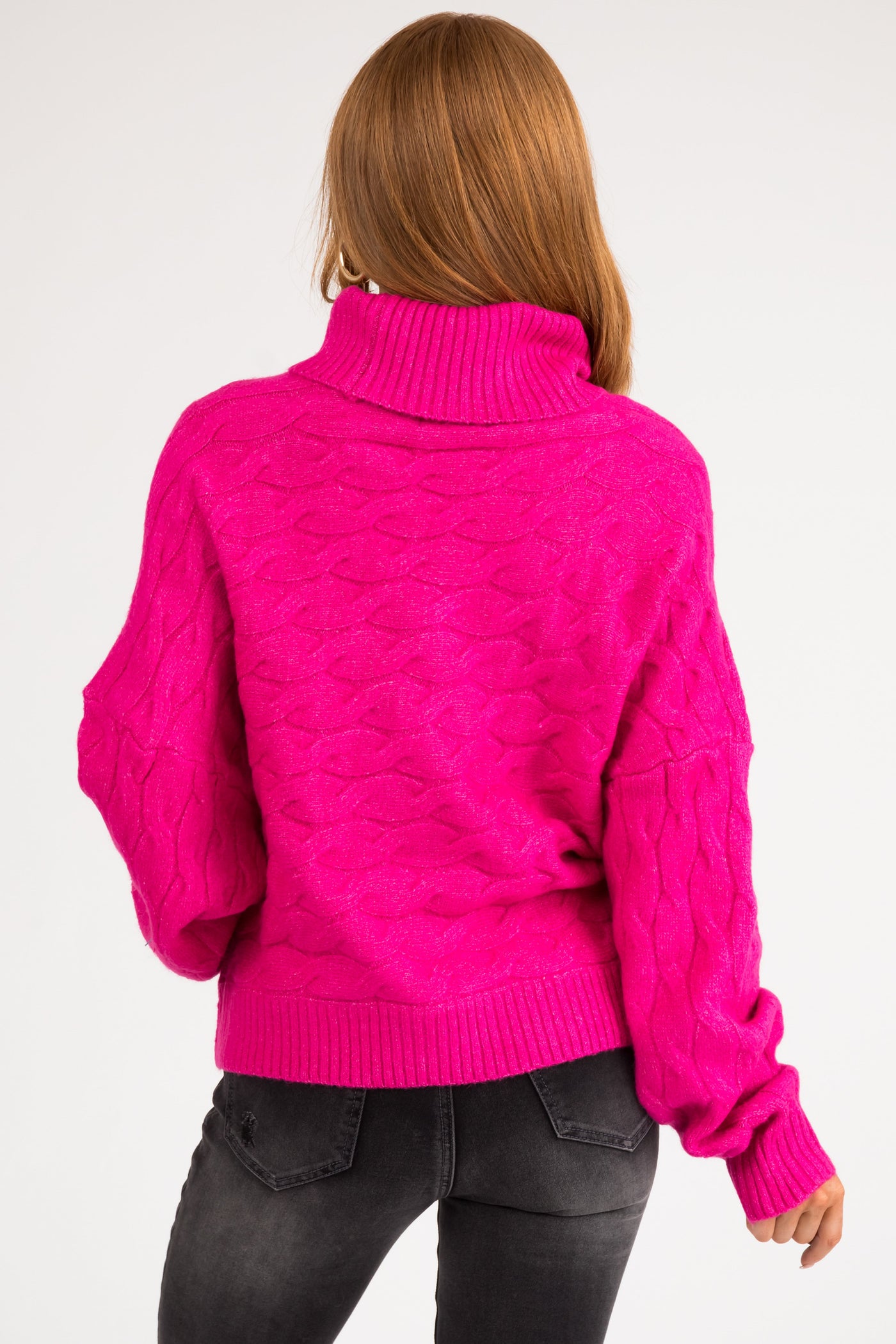 Magenta Braided Knit Turtleneck Soft Sweater