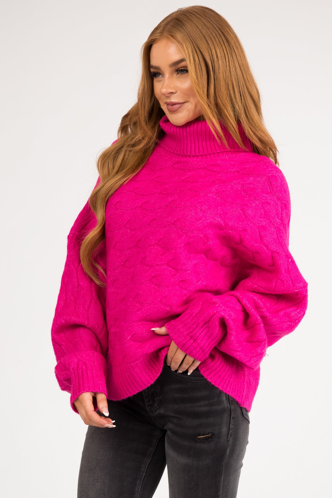 Magenta Braided Knit Turtleneck Soft Sweater