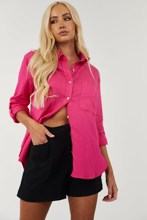 Magenta Button Down Relaxed Linen Blend Top