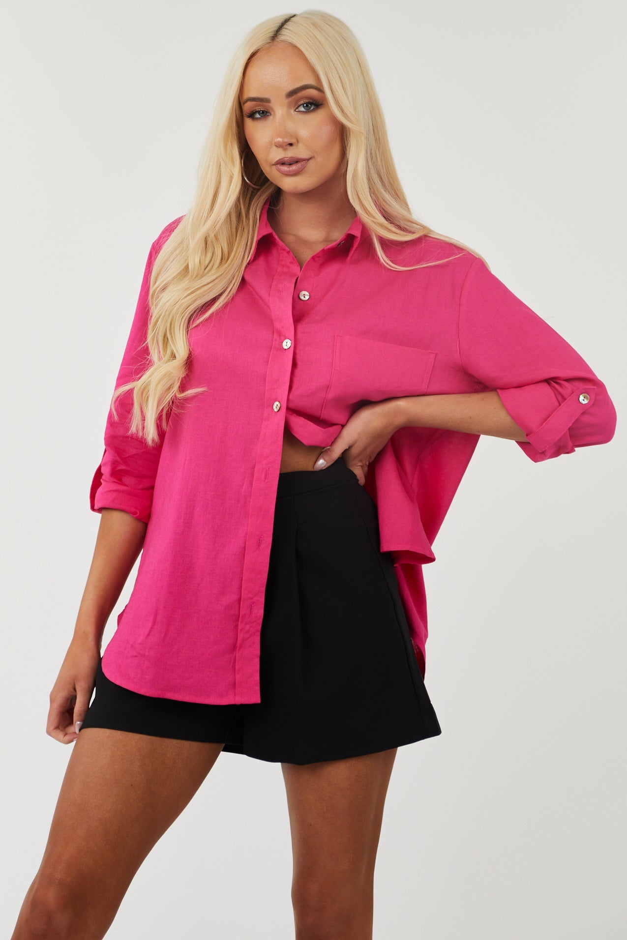 Magenta Button Down Relaxed Linen Blend Top