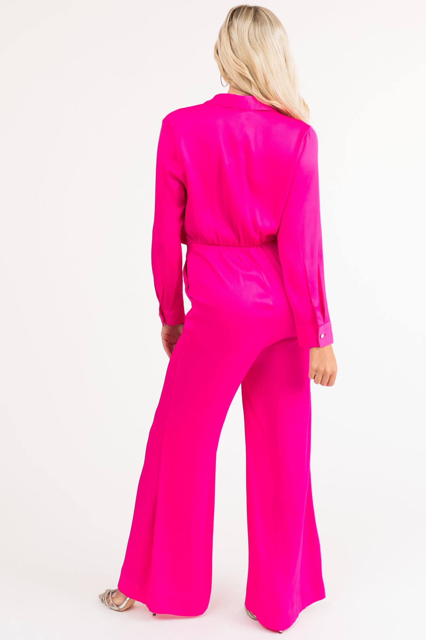 Magenta Button Up Collared Front Tie Jumpsuit