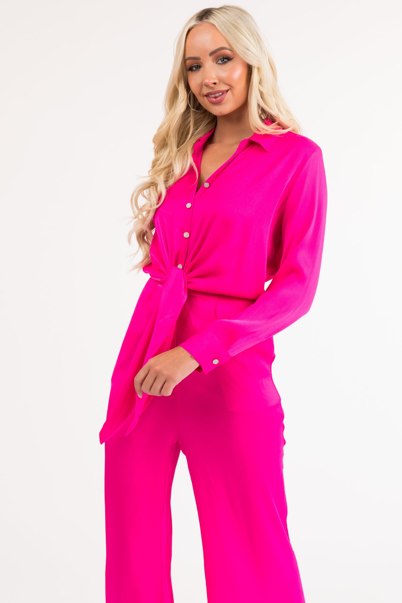 Magenta Button Up Collared Front Tie Jumpsuit