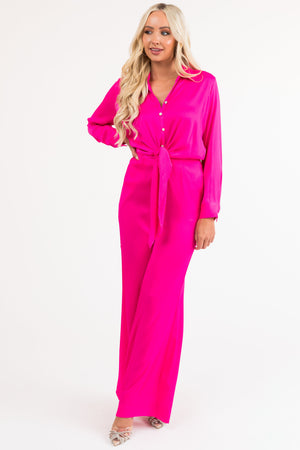 Magenta Button Up Collared Front Tie Jumpsuit