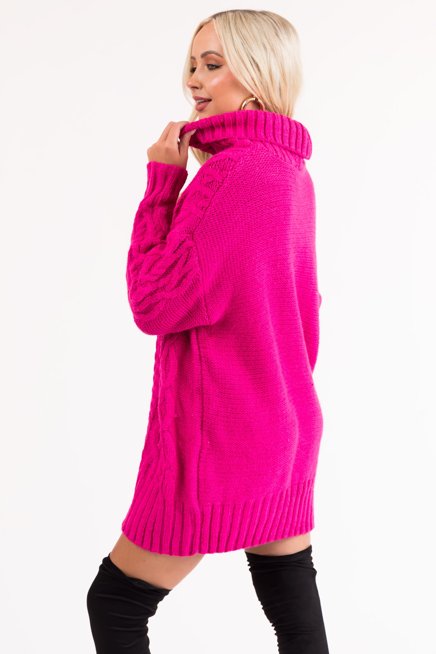 Magenta Cable Knit Turtleneck Sweater Dress
