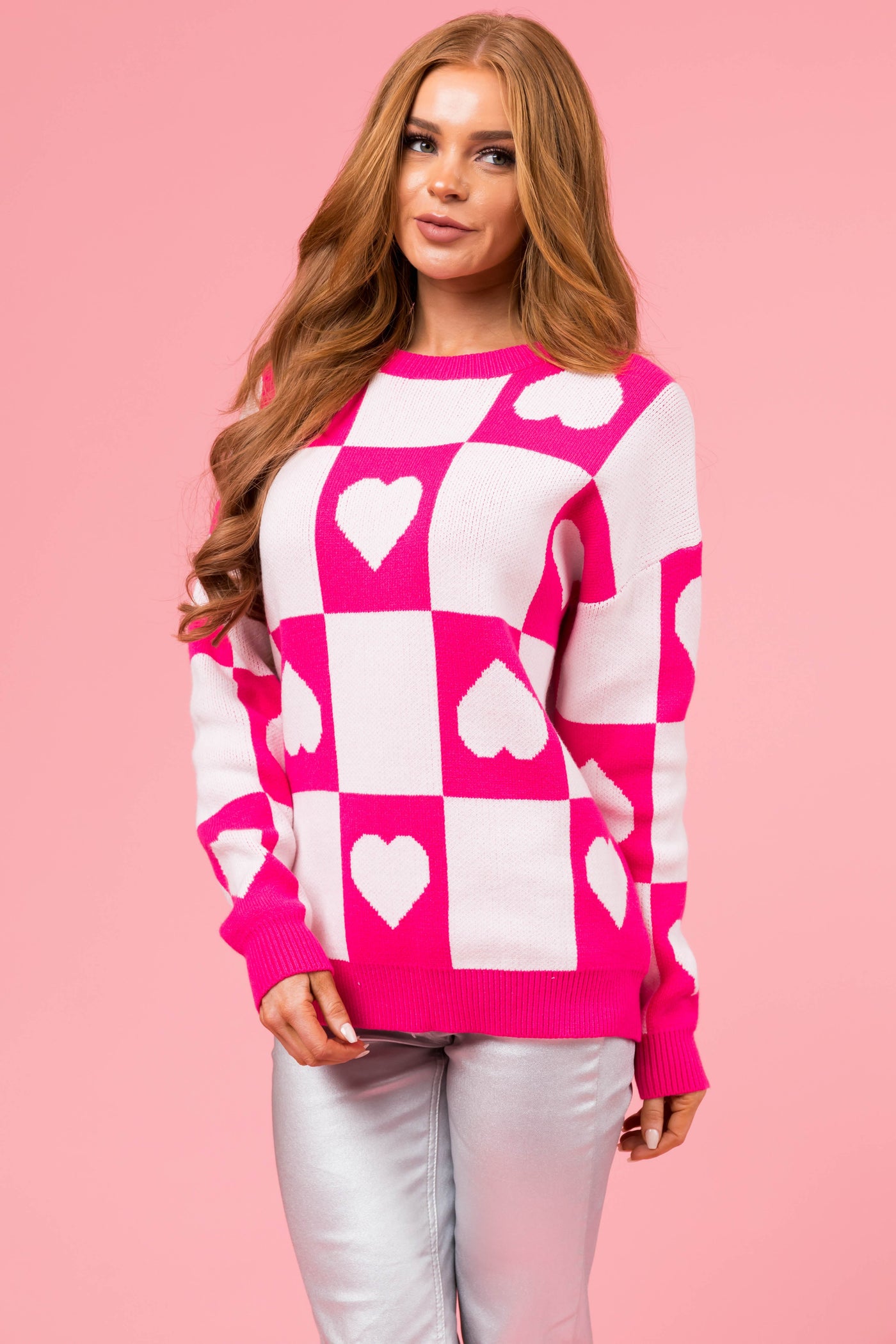 Magenta Checkered Heart Print Sweater