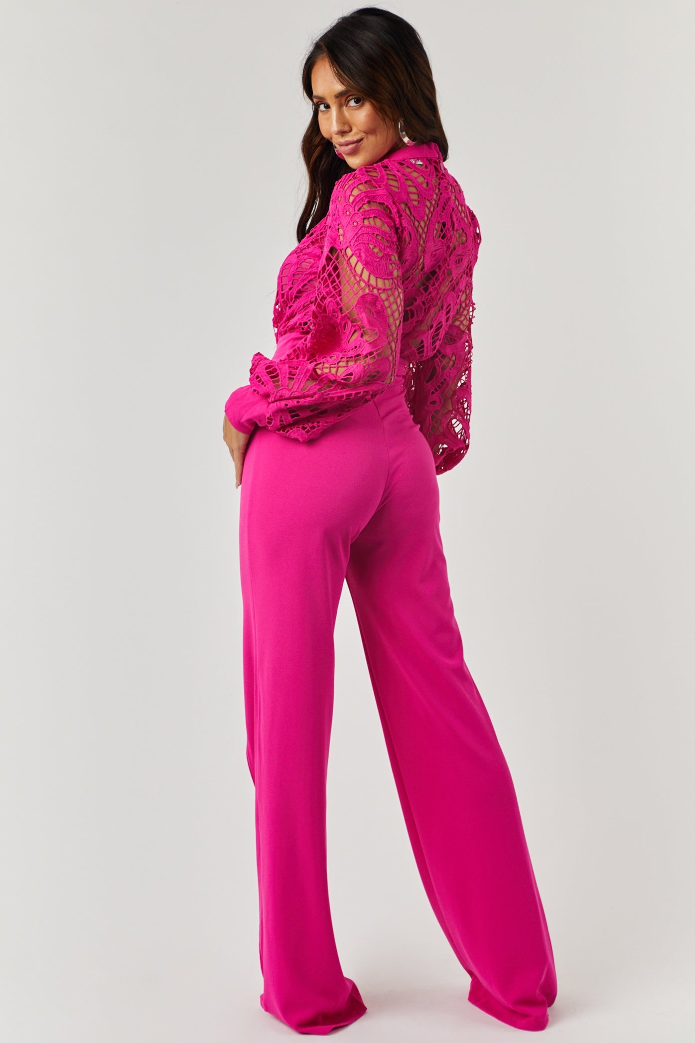 Magenta Crochet Bubble Long Sleeve Jumpsuit