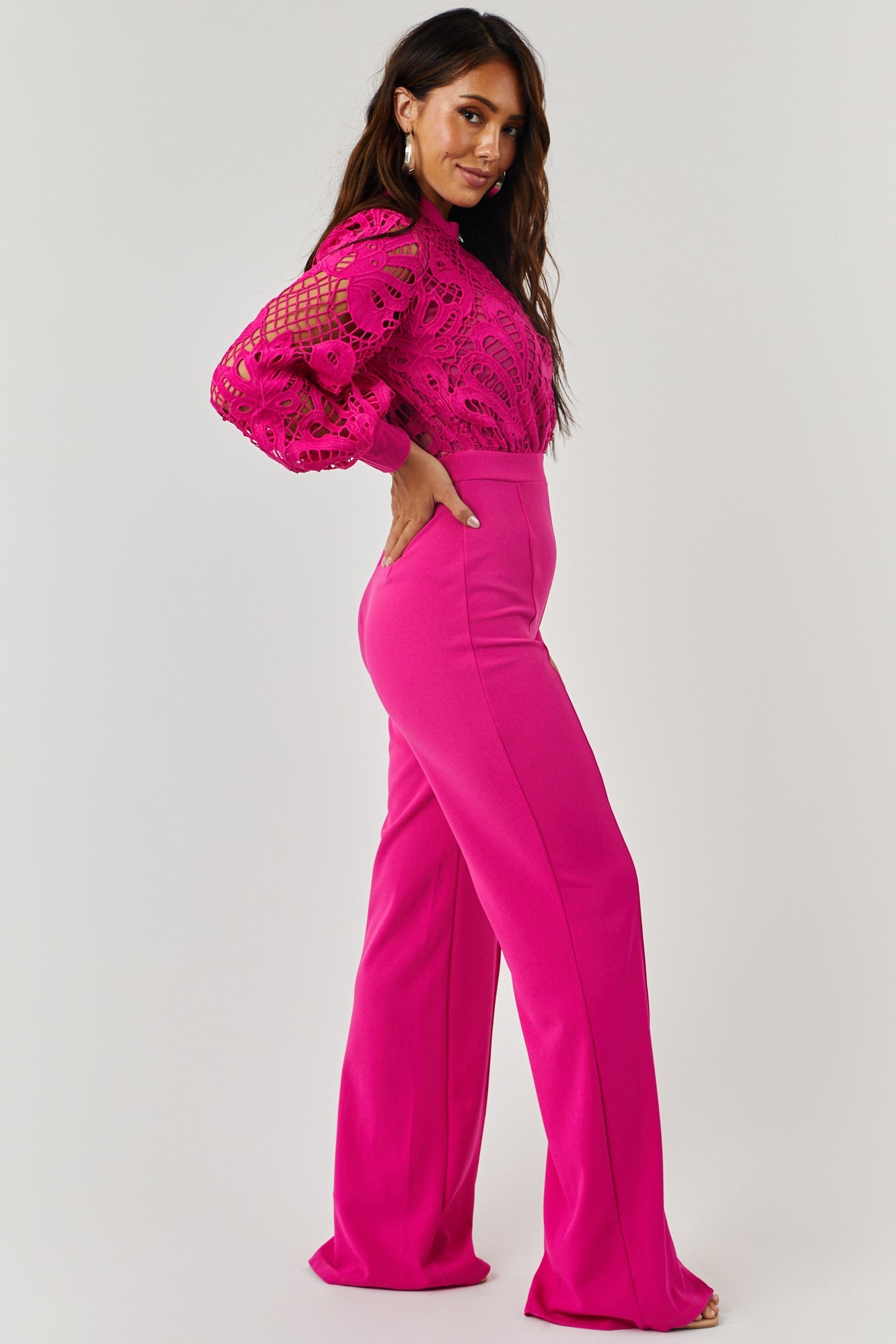Magenta Crochet Bubble Long Sleeve Jumpsuit