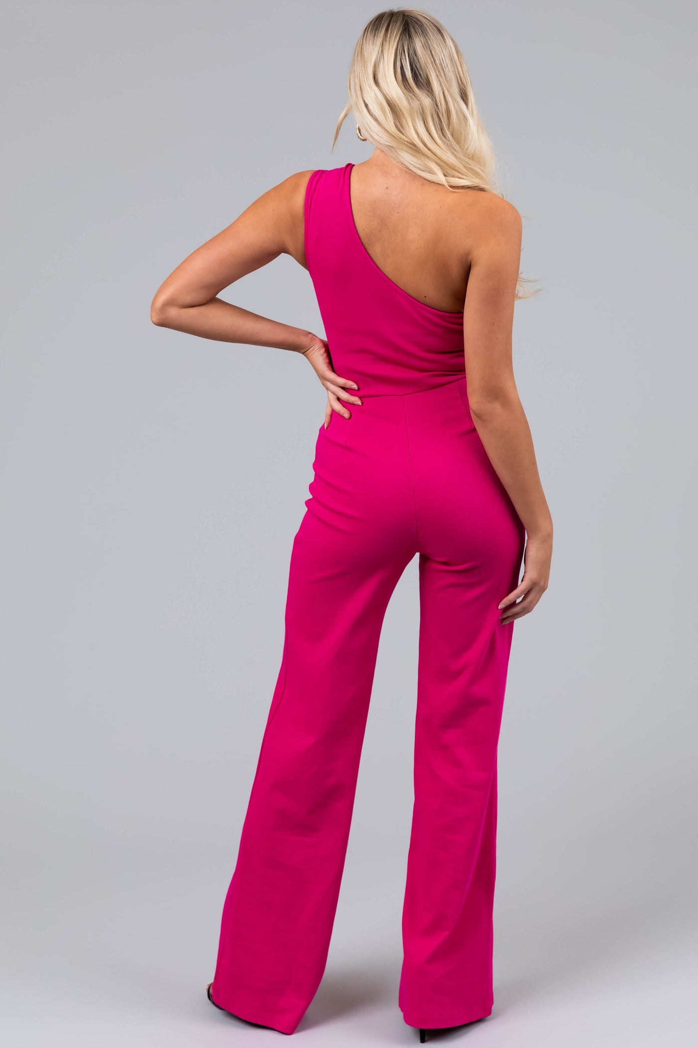Magenta Denim One Shoulder Zipper Front Jumpsuit