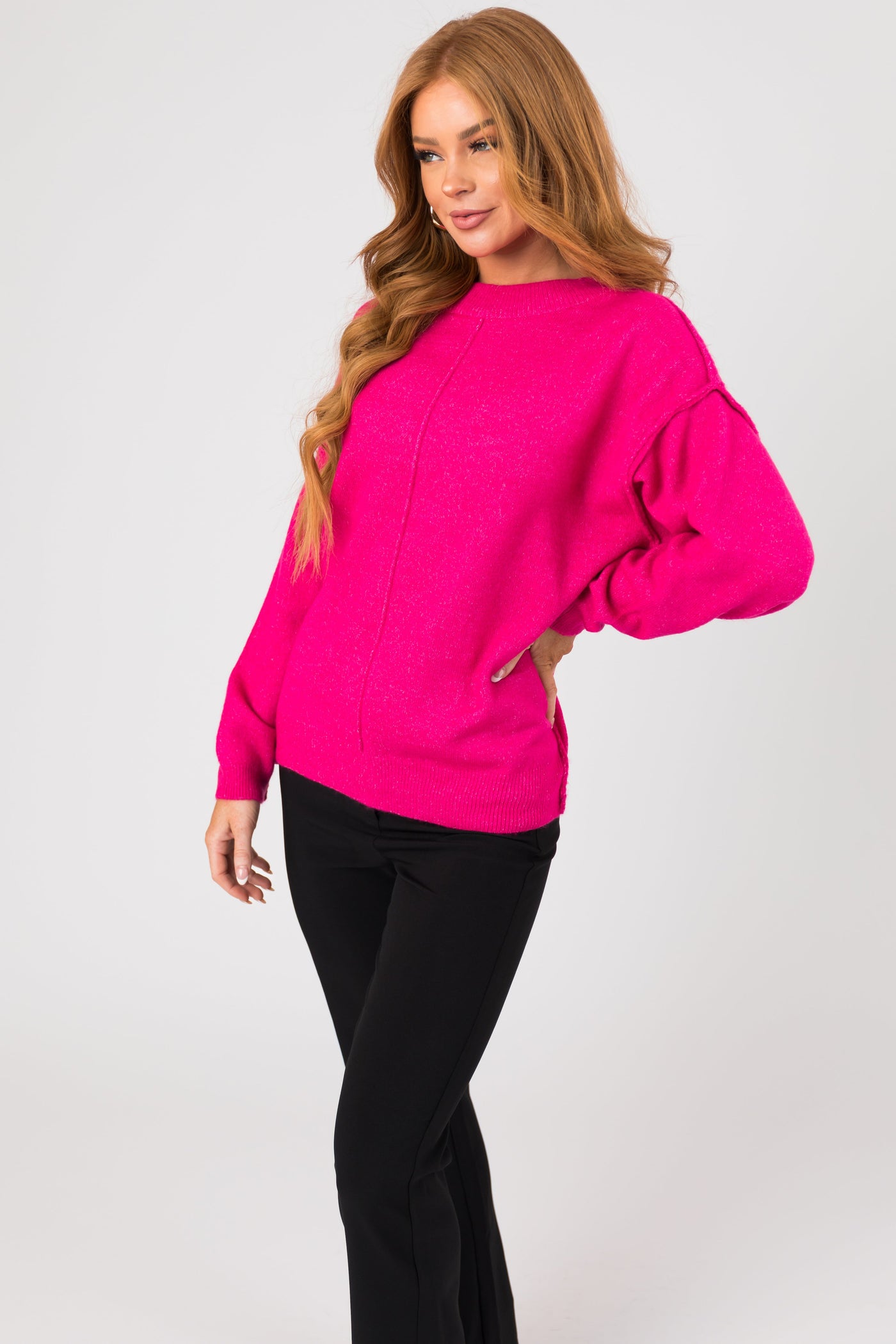 Magenta Exposed Seam Drop Shoulder Sweater