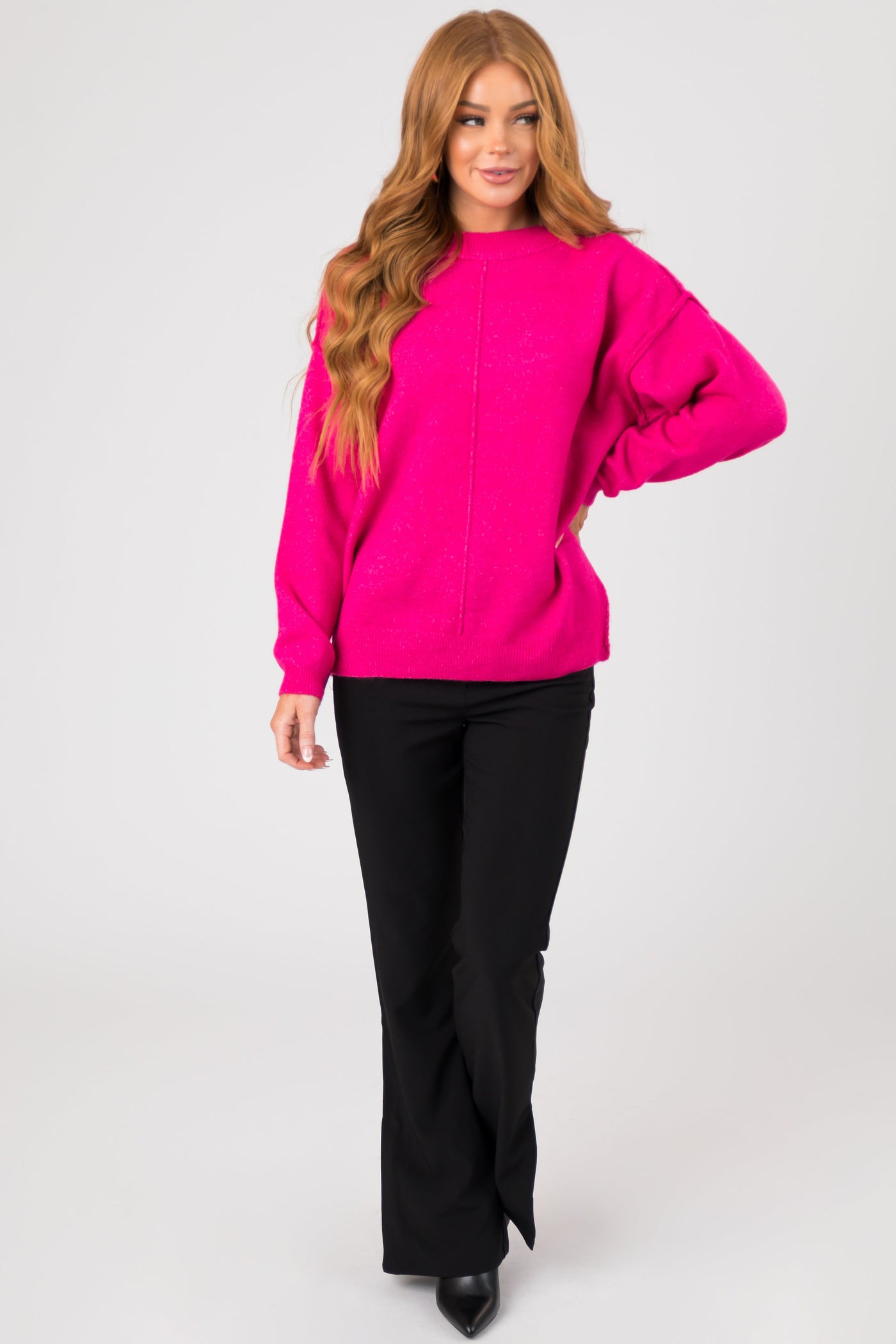 Magenta Exposed Seam Drop Shoulder Sweater
