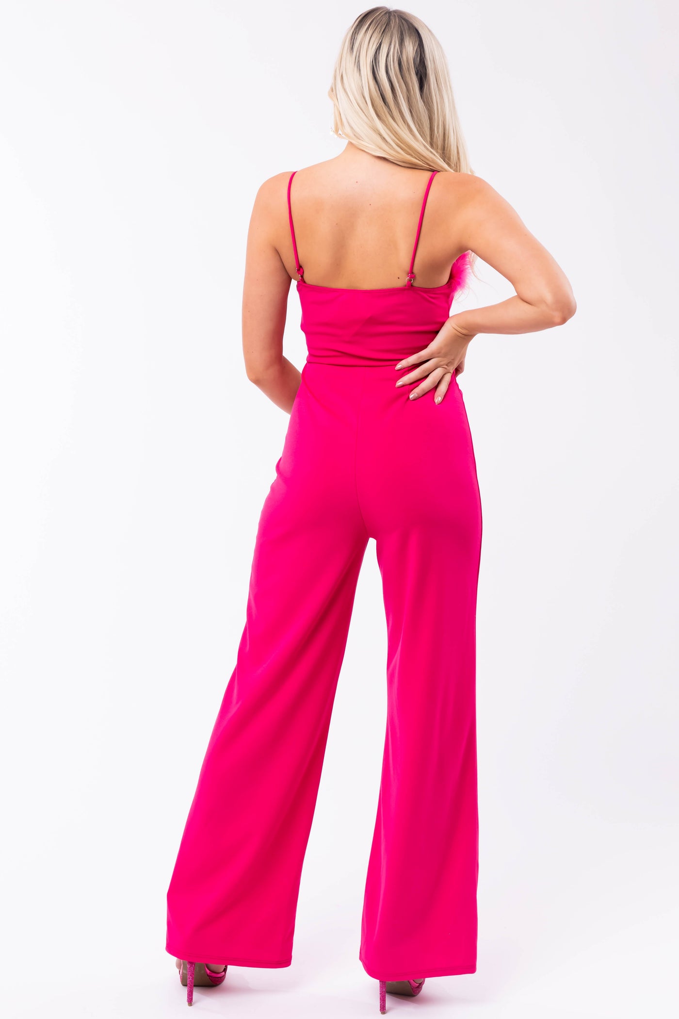 Magenta Faux Feather Trim Sleeveless Jumpsuit