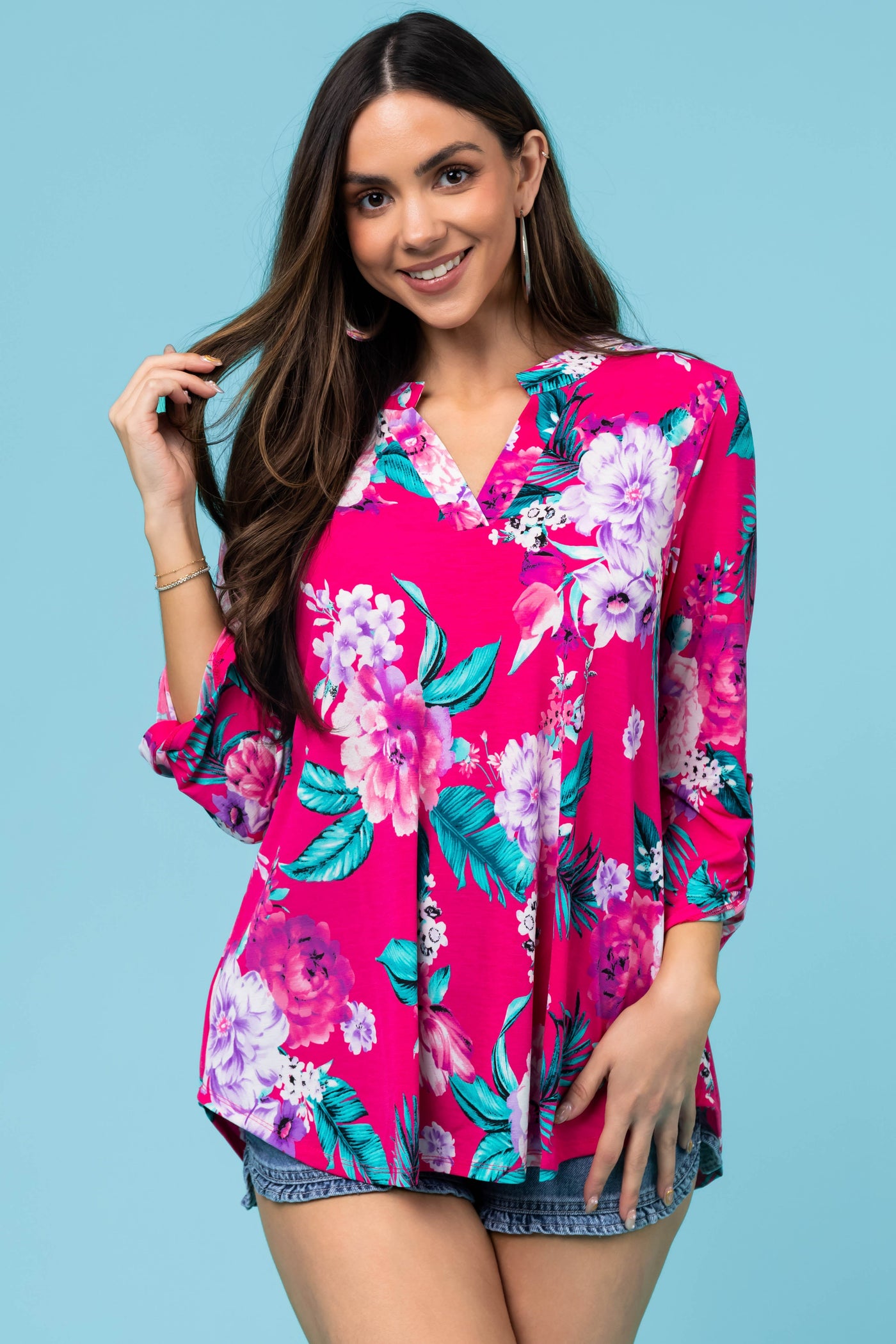 Magenta Floral Print 3/4 Sleeve V Neck Top