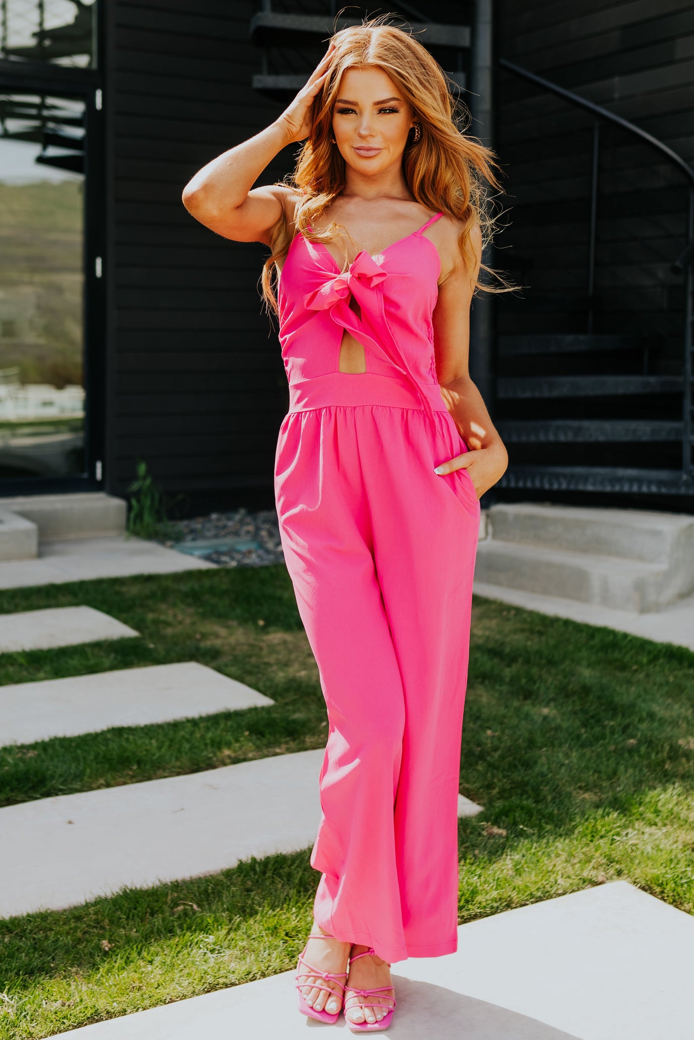 Magenta Front Tie Wide Leg Woven Jumpsuit