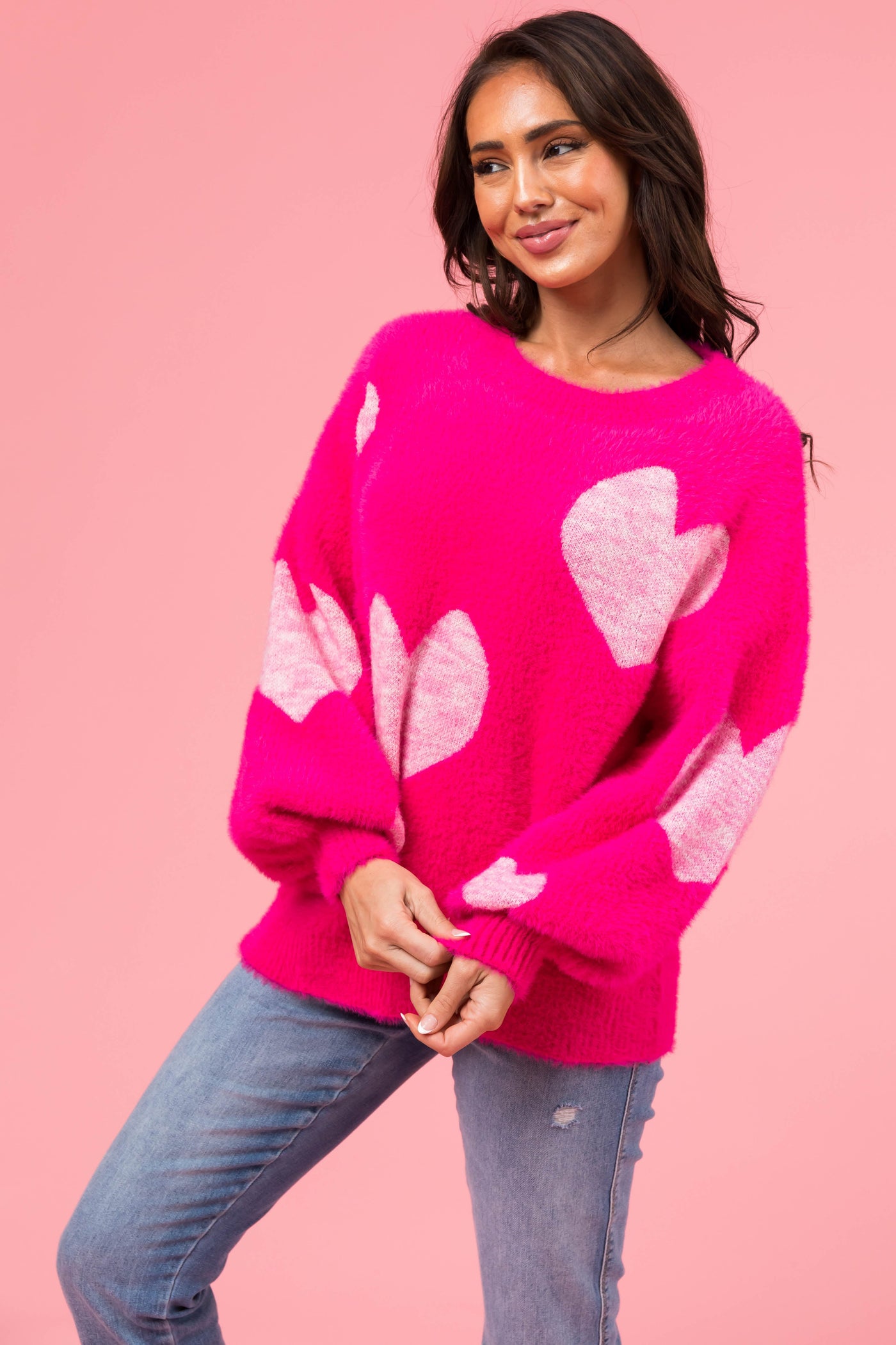 Magenta Heart Pattern Fuzzy Knit Sweater