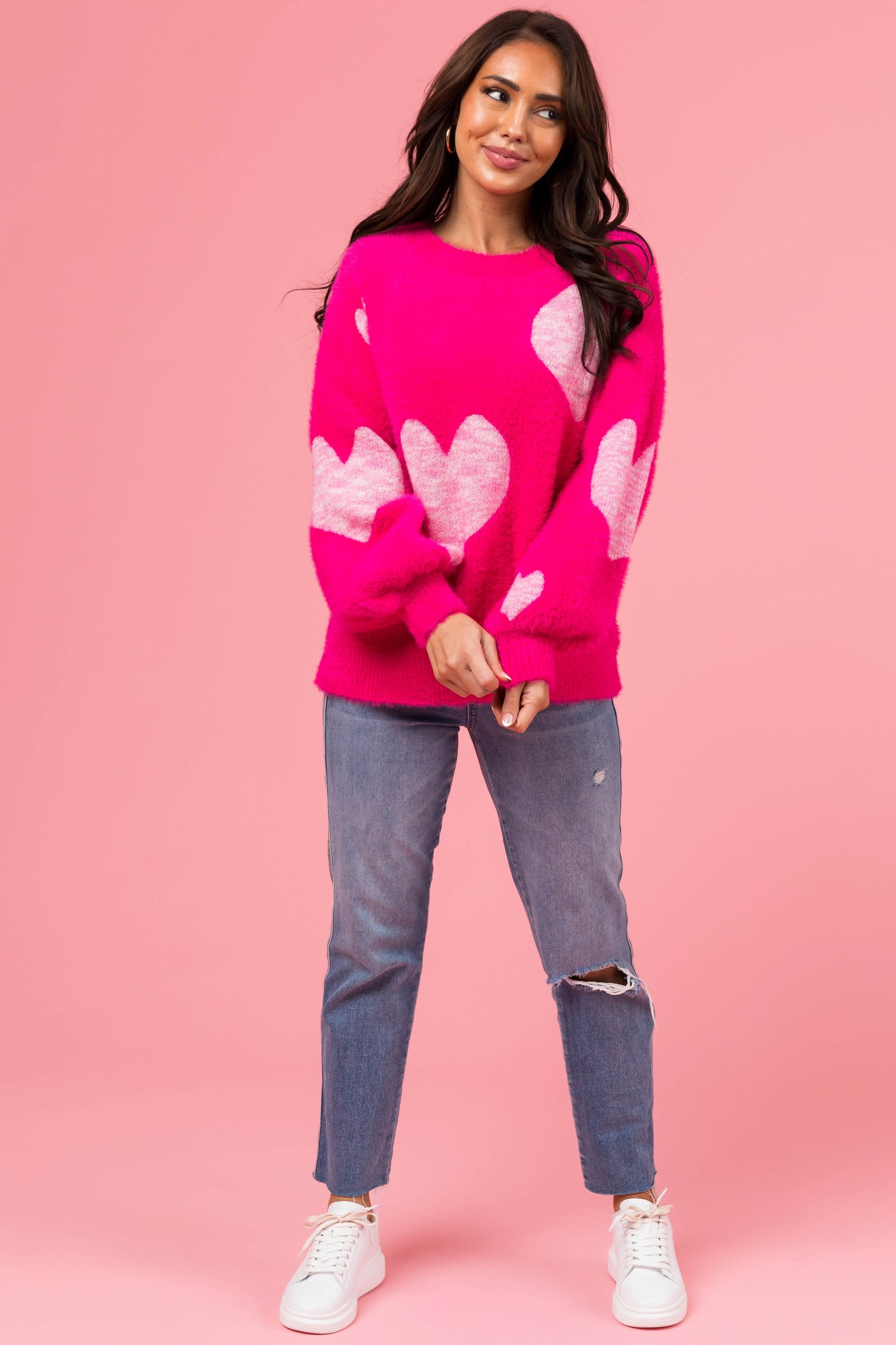 Magenta Heart Pattern Fuzzy Knit Sweater