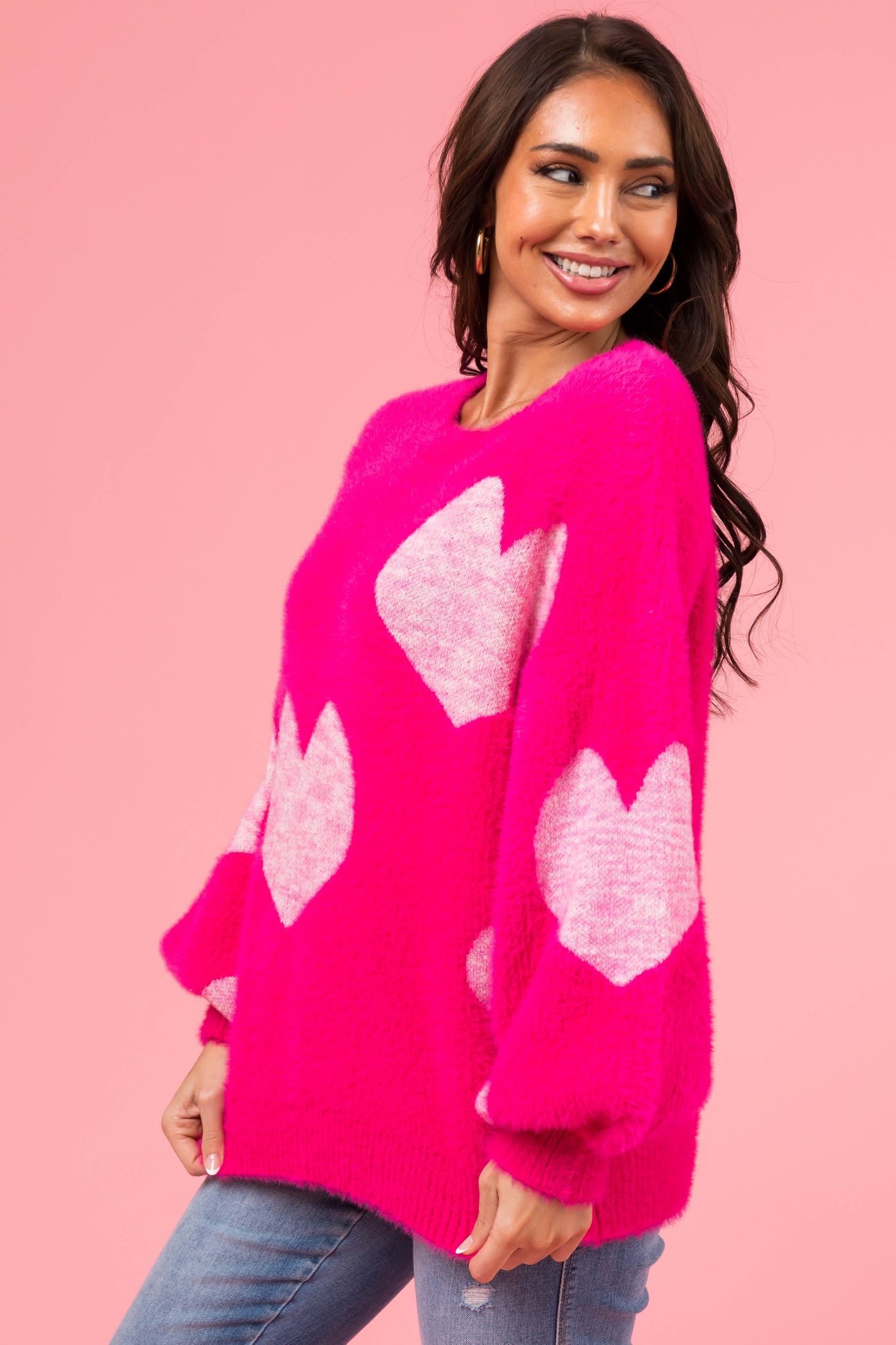Magenta Heart Pattern Fuzzy Knit Sweater