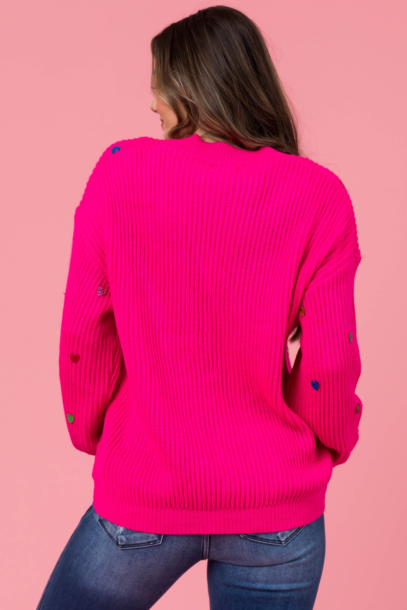Magenta Heart Sequins Long Sleeve Knit Sweater