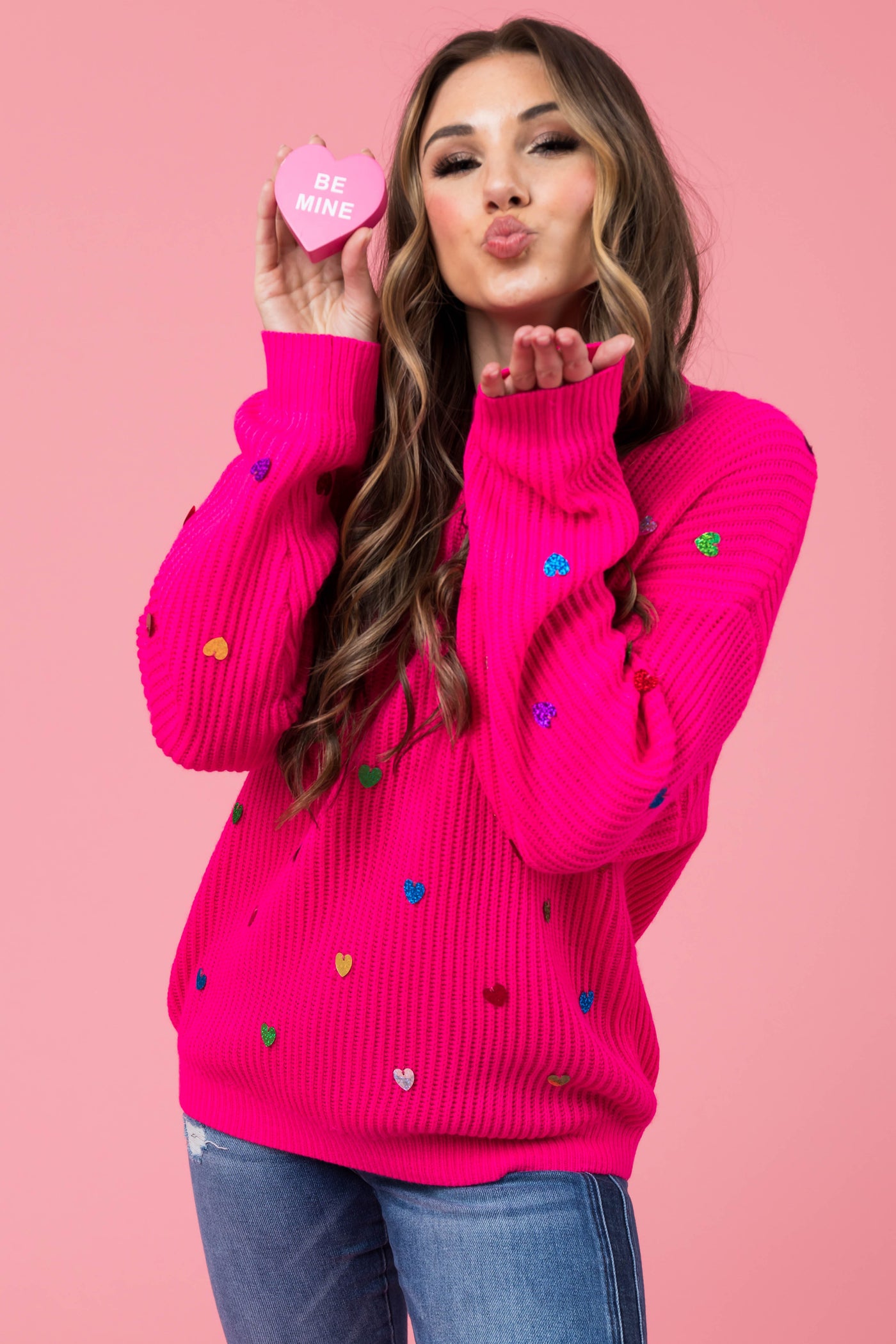 Magenta Heart Sequins Long Sleeve Knit Sweater
