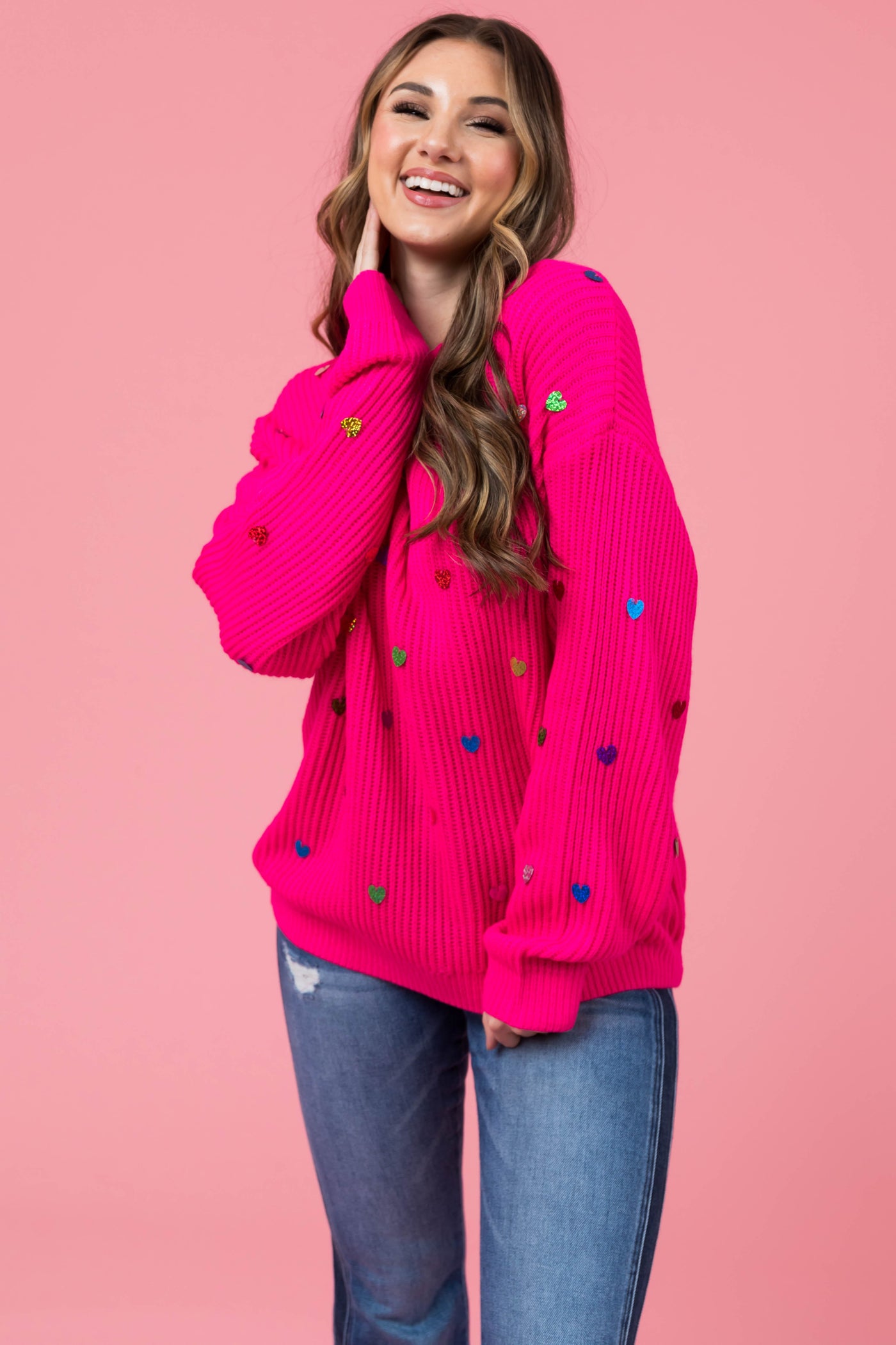 Magenta Heart Sequins Long Sleeve Knit Sweater