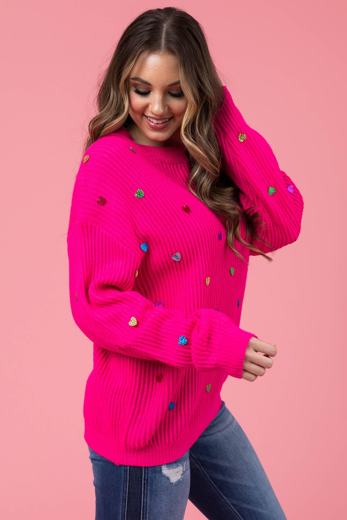 Magenta Heart Sequins Long Sleeve Knit Sweater