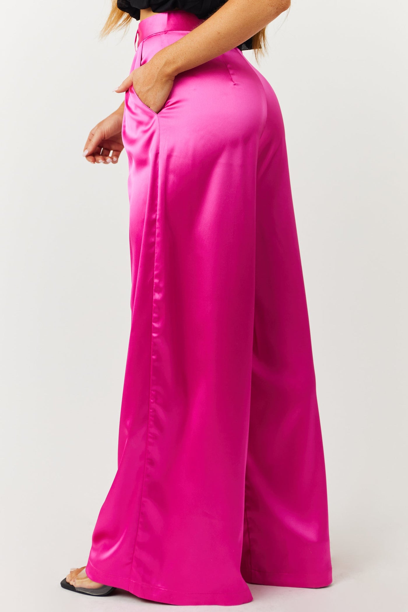 Magenta High Rise Wide Leg Satin Trousers