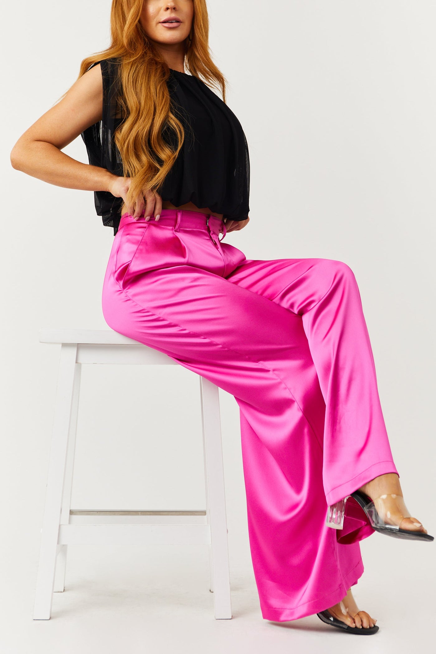 Magenta High Rise Wide Leg Satin Trousers