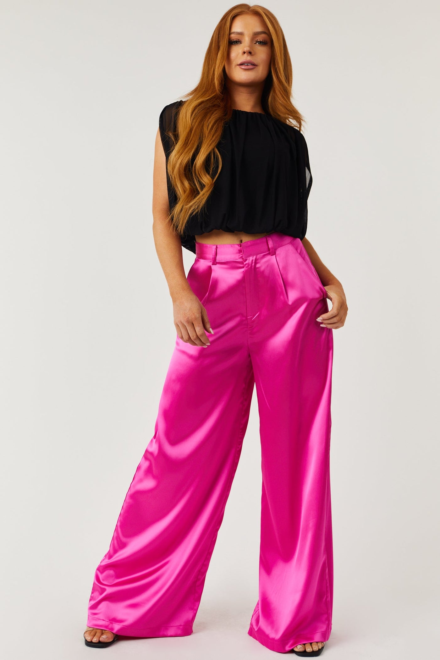 Magenta High Rise Wide Leg Satin Trousers