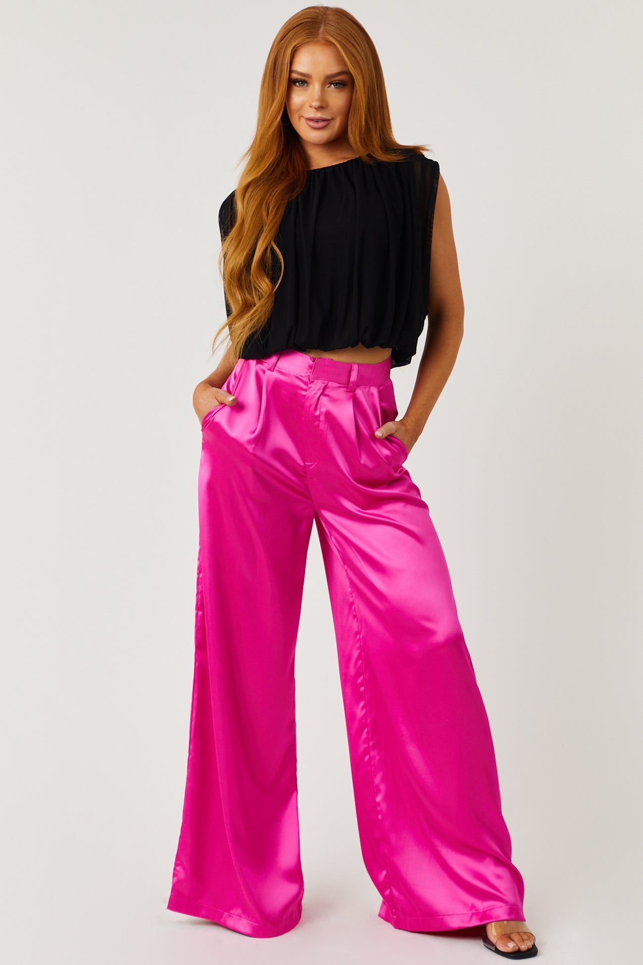 Magenta High Rise Wide Leg Satin Trousers
