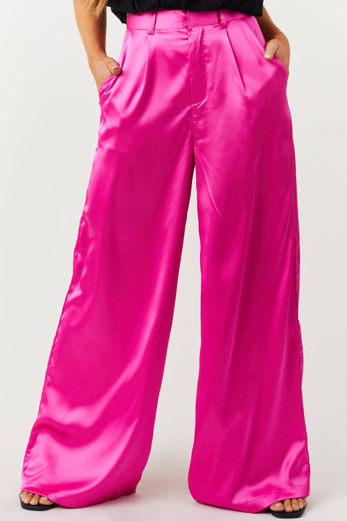 Magenta High Rise Wide Leg Satin Trousers