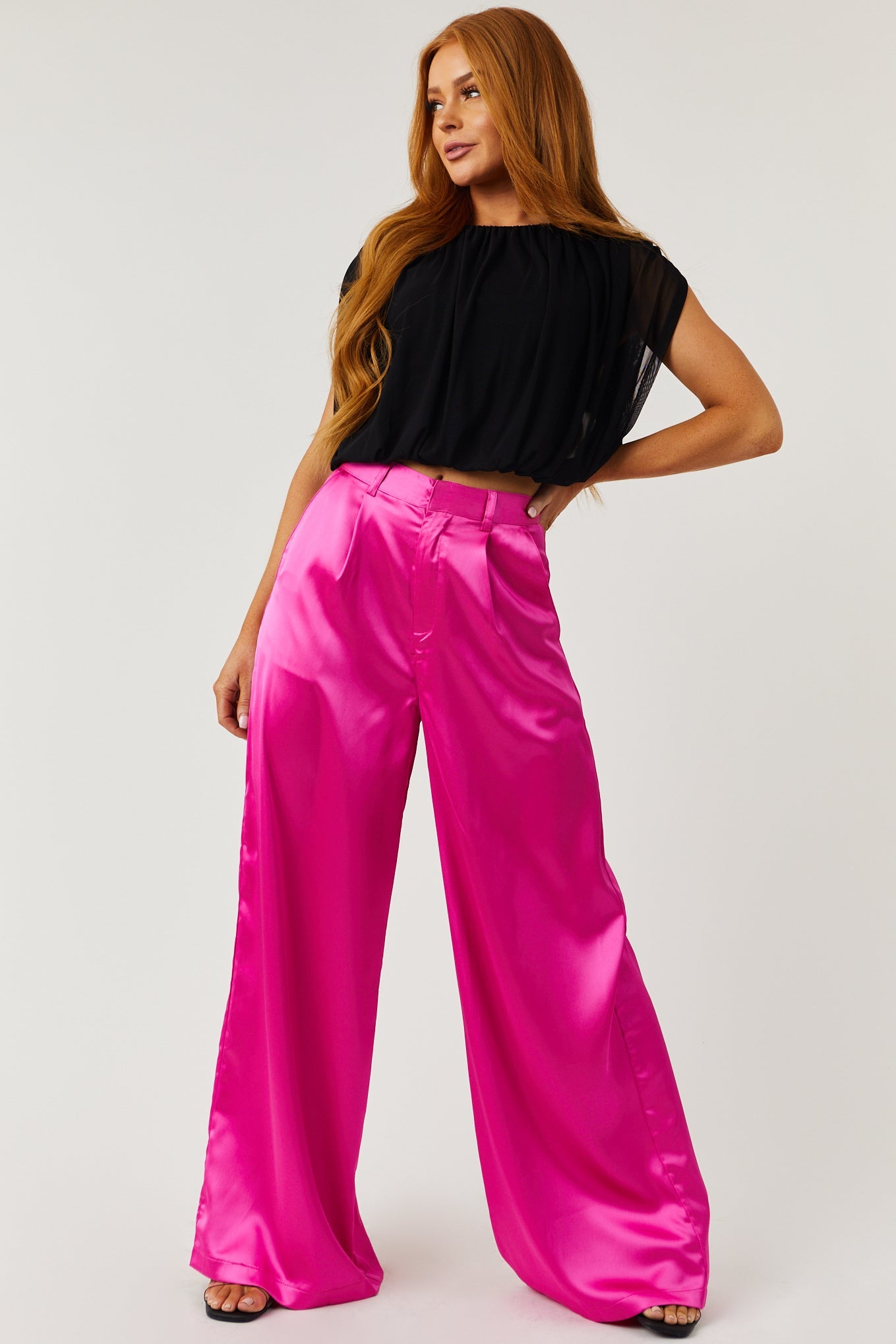 Magenta High Rise Wide Leg Satin Trousers