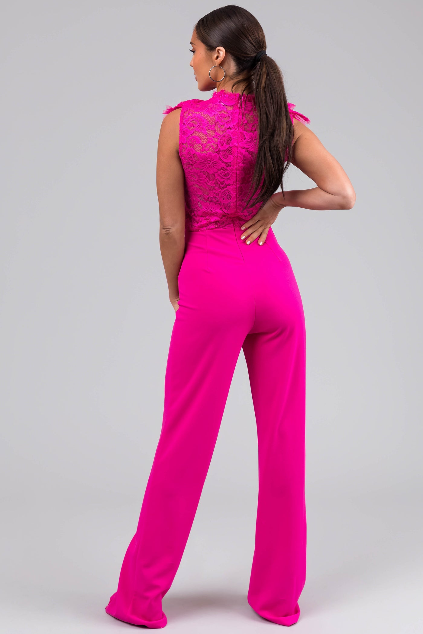Magenta Lace Ruffle Sequin Lattice Jumpsuit