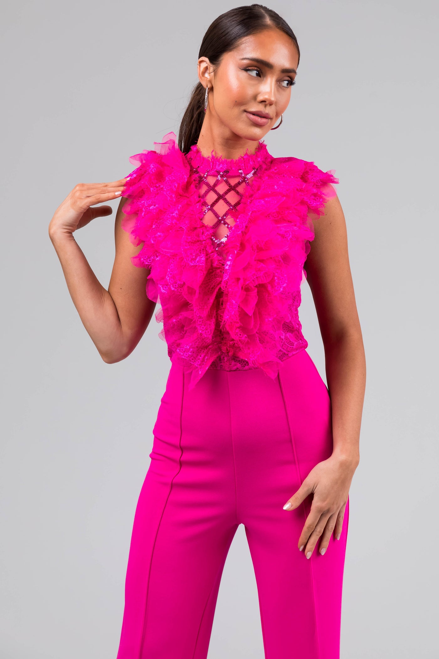 Magenta Lace Ruffle Sequin Lattice Jumpsuit