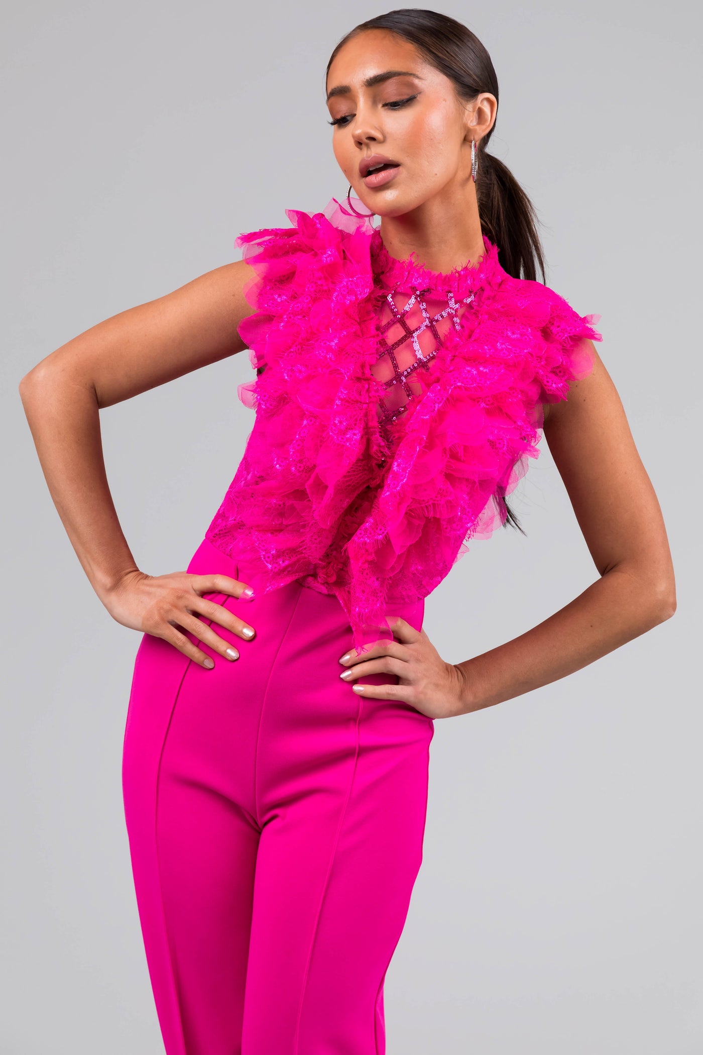 Magenta Lace Ruffle Sequin Lattice Jumpsuit