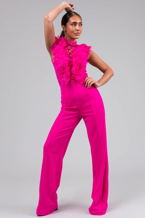 Magenta Lace Ruffle Sequin Lattice Jumpsuit
