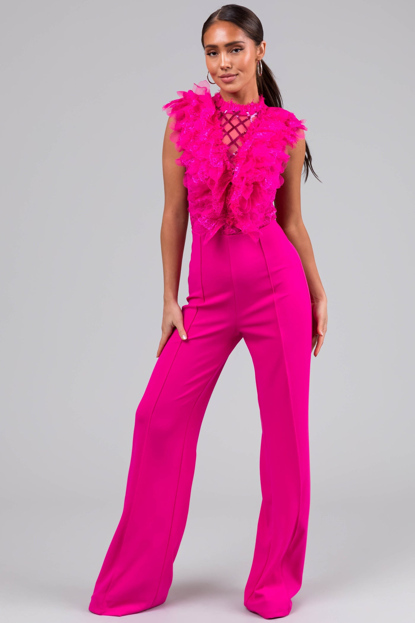 Magenta Lace Ruffle Sequin Lattice Jumpsuit