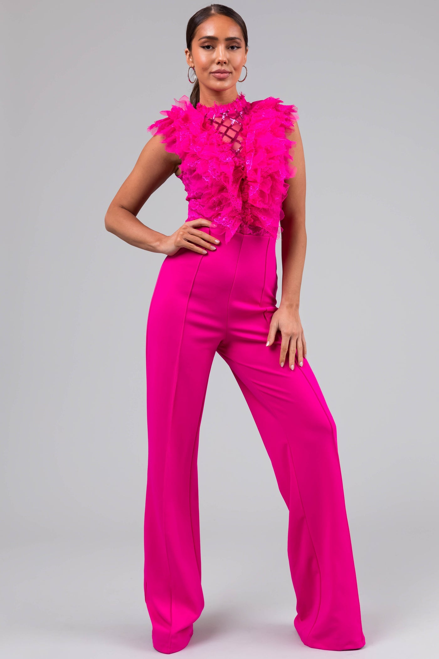 Magenta Lace Ruffle Sequin Lattice Jumpsuit