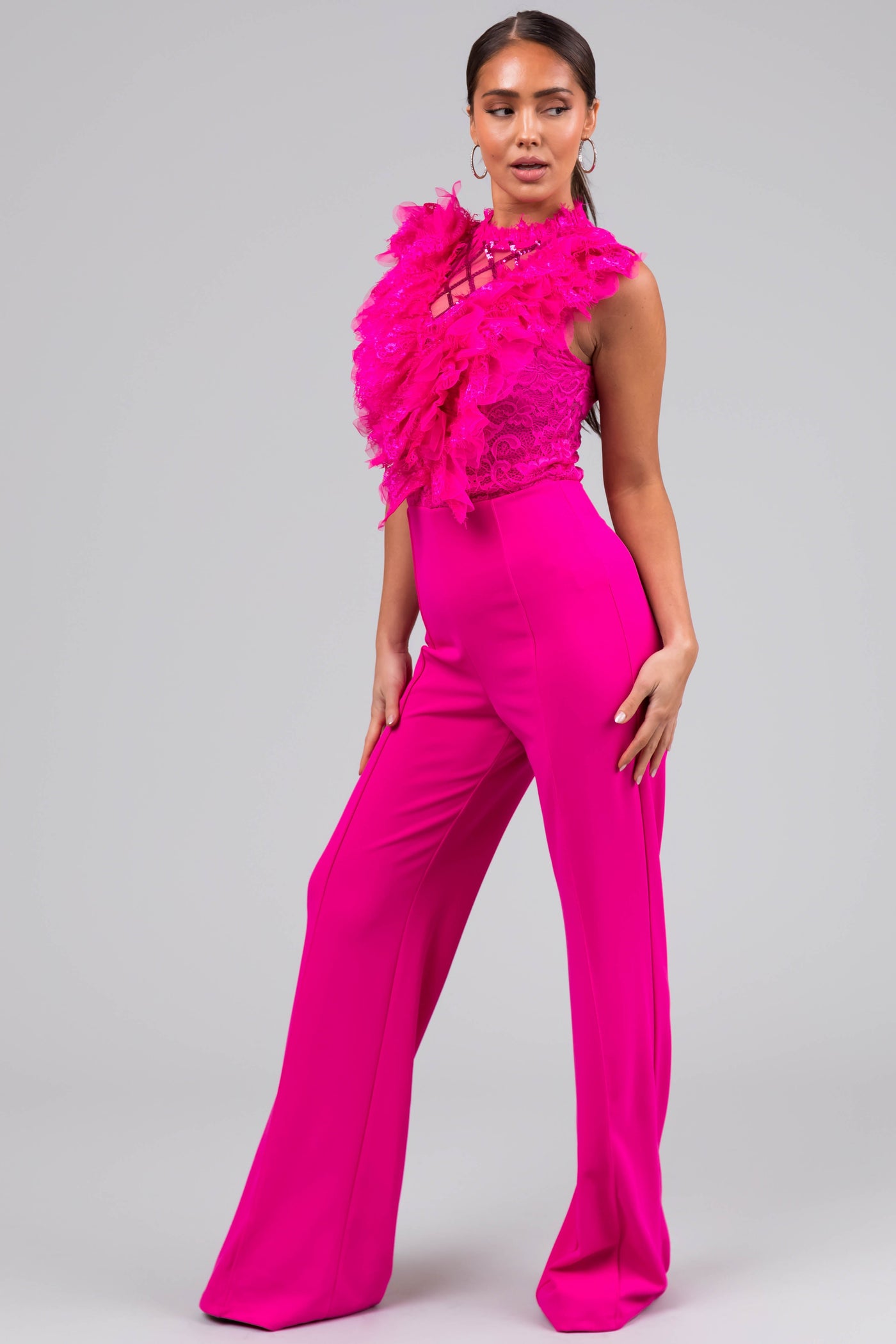 Magenta Lace Ruffle Sequin Lattice Jumpsuit