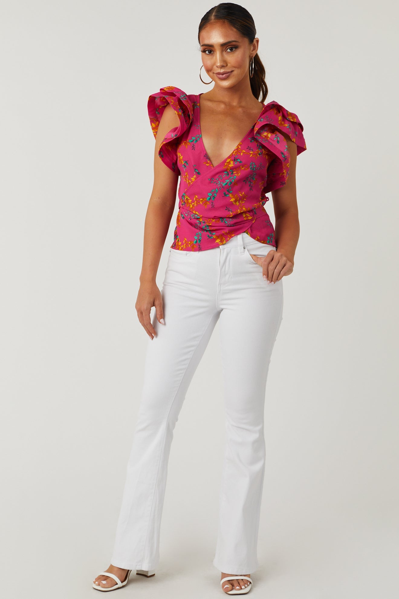 Magenta Leaf Print Wrap Style Blouse