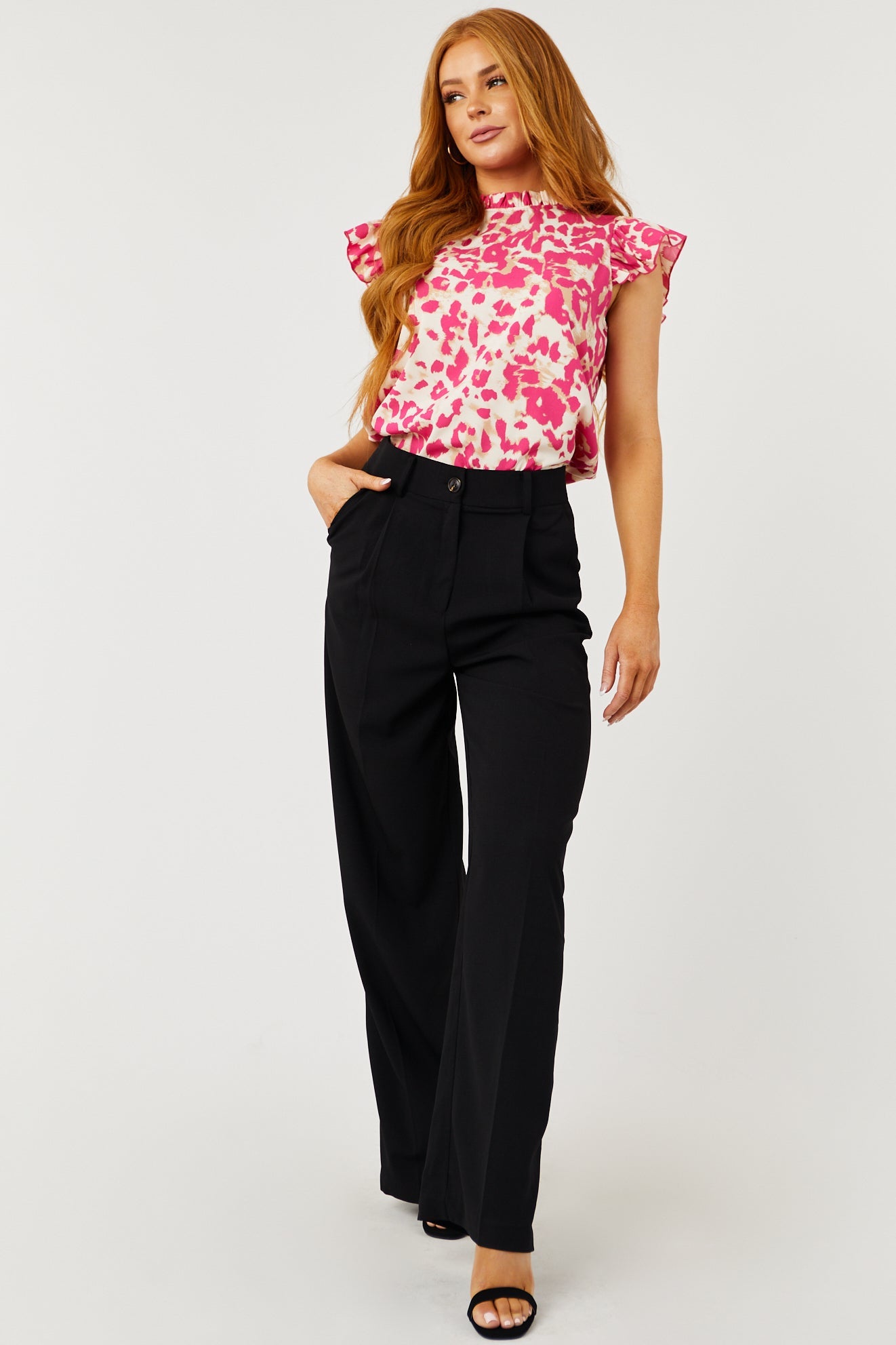 Magenta Leopard Ruffle Cap Sleeve Blouse