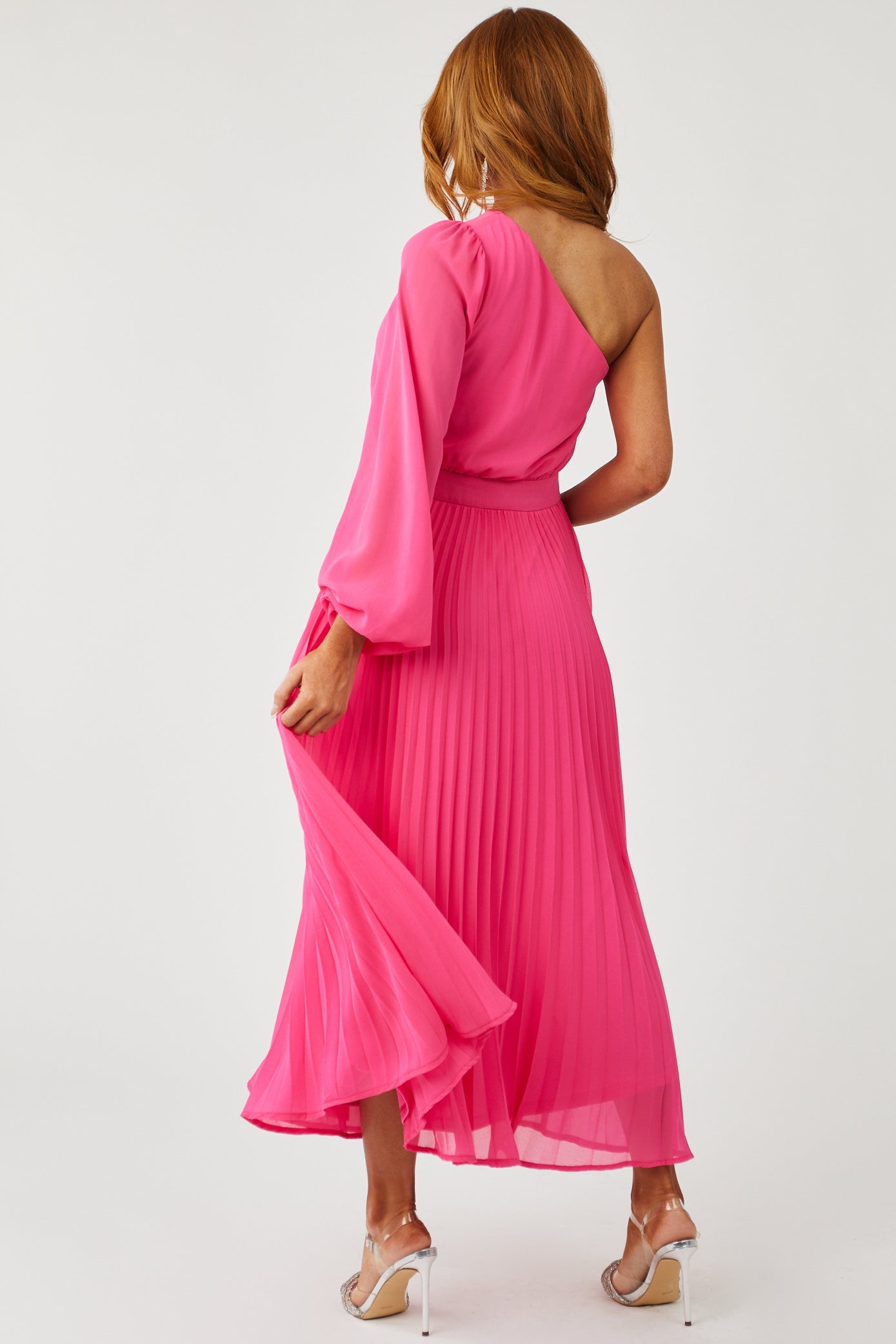 Magenta One Shoulder Pleated Woven Maxi Dress