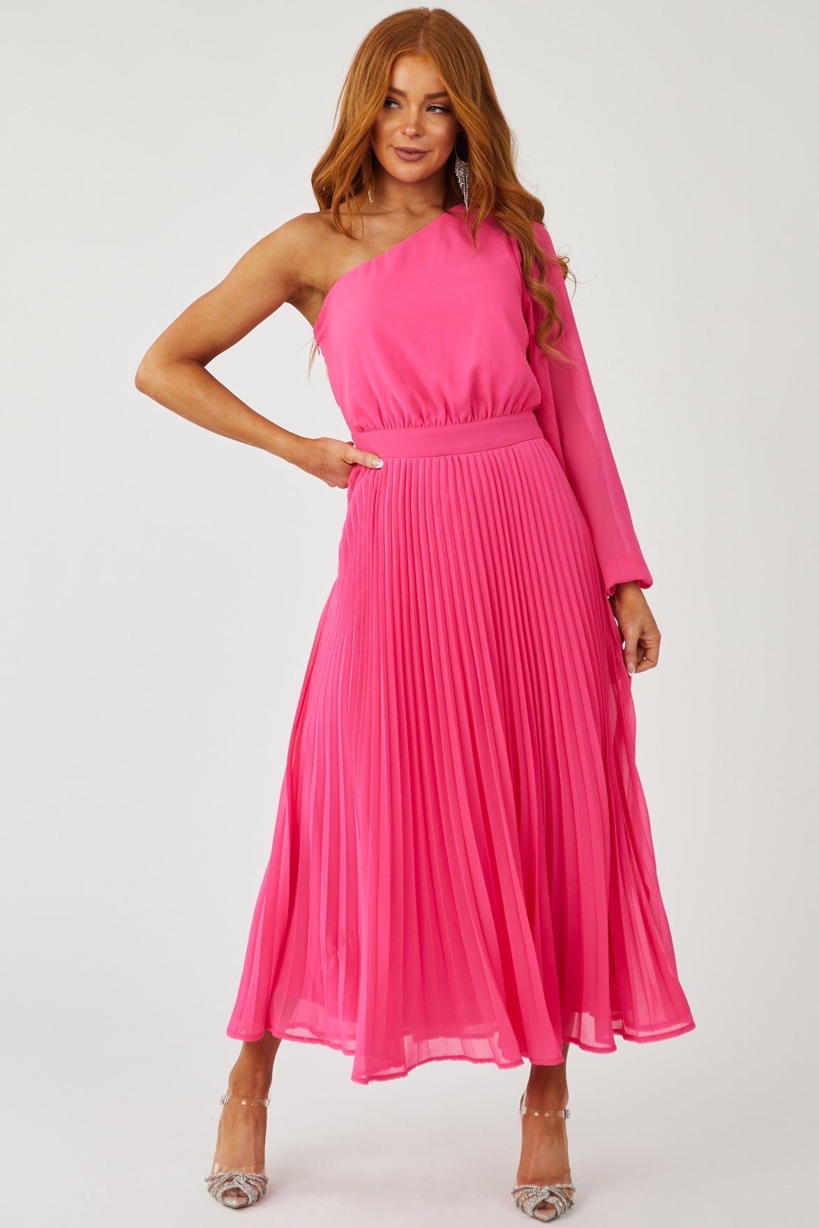 Magenta One Shoulder Pleated Woven Maxi Dress