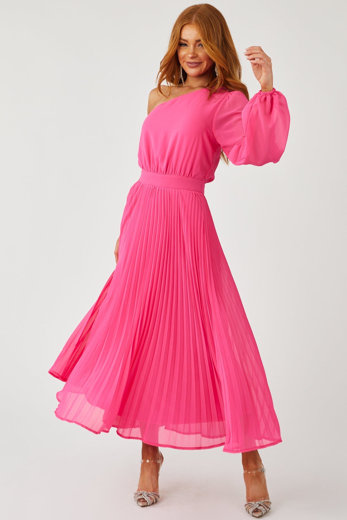 Magenta One Shoulder Pleated Woven Maxi Dress