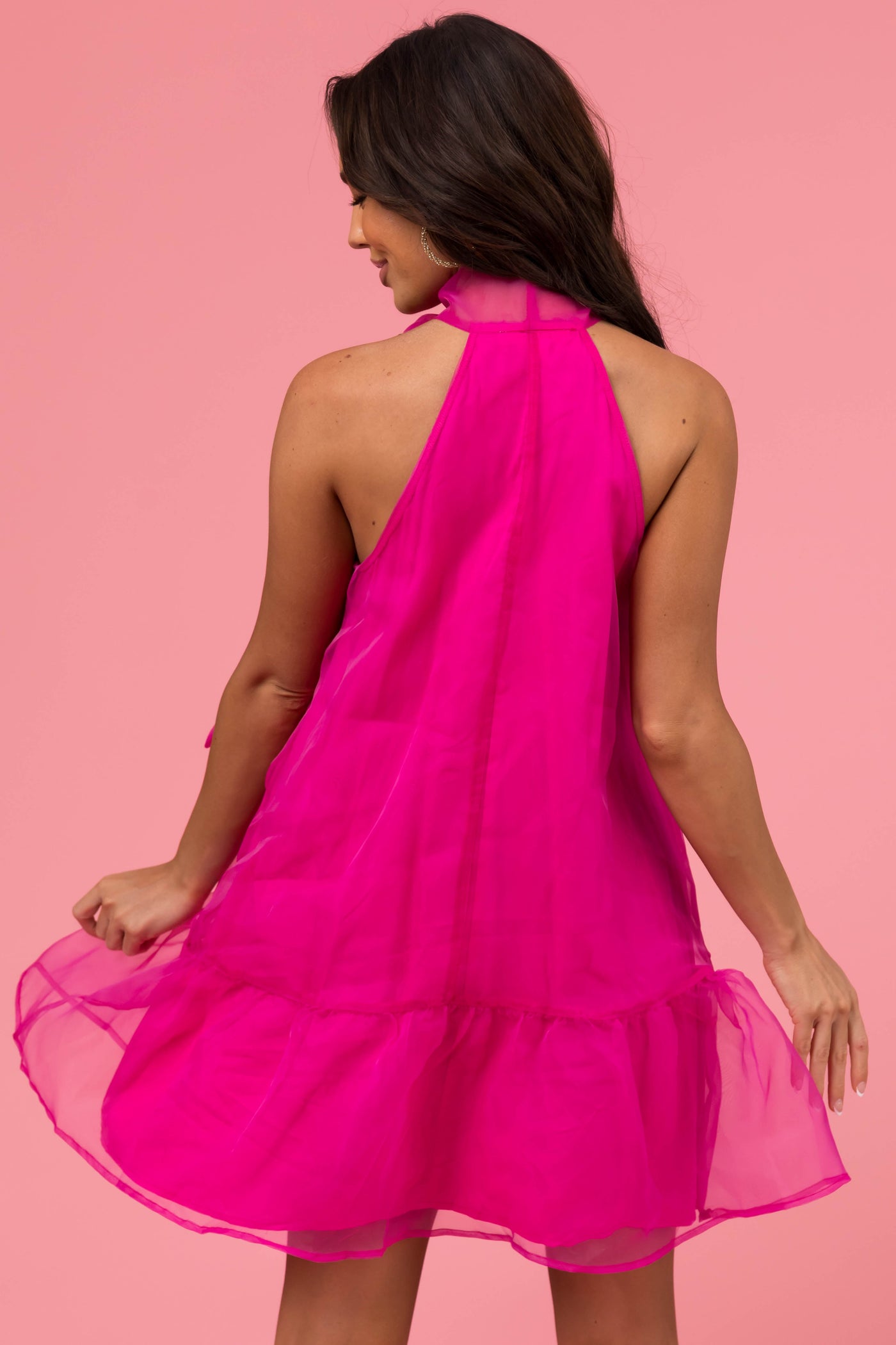 Magenta Organza Sleeveless Neck Tie Mini Dress