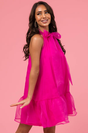 Magenta Organza Sleeveless Neck Tie Mini Dress