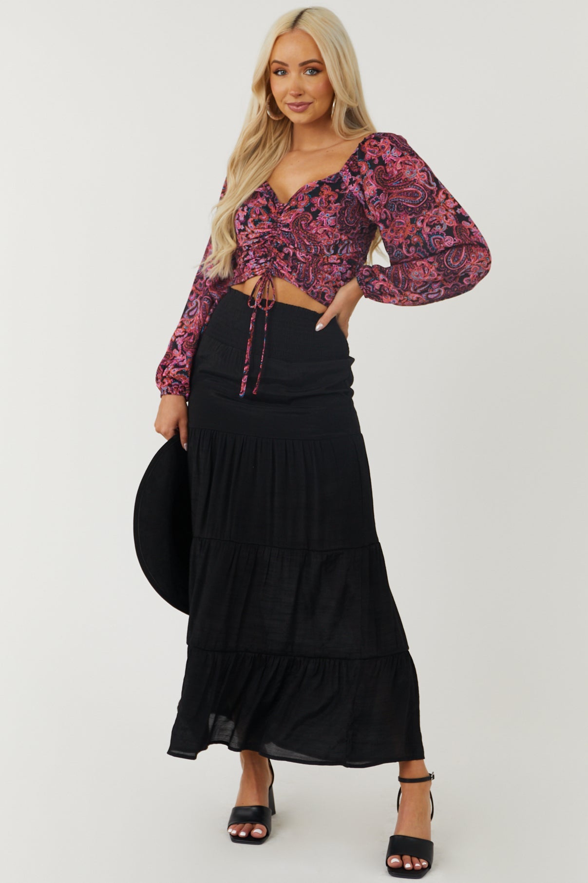 Magenta Paisley Ruched Puff Sleeve Crop Top
