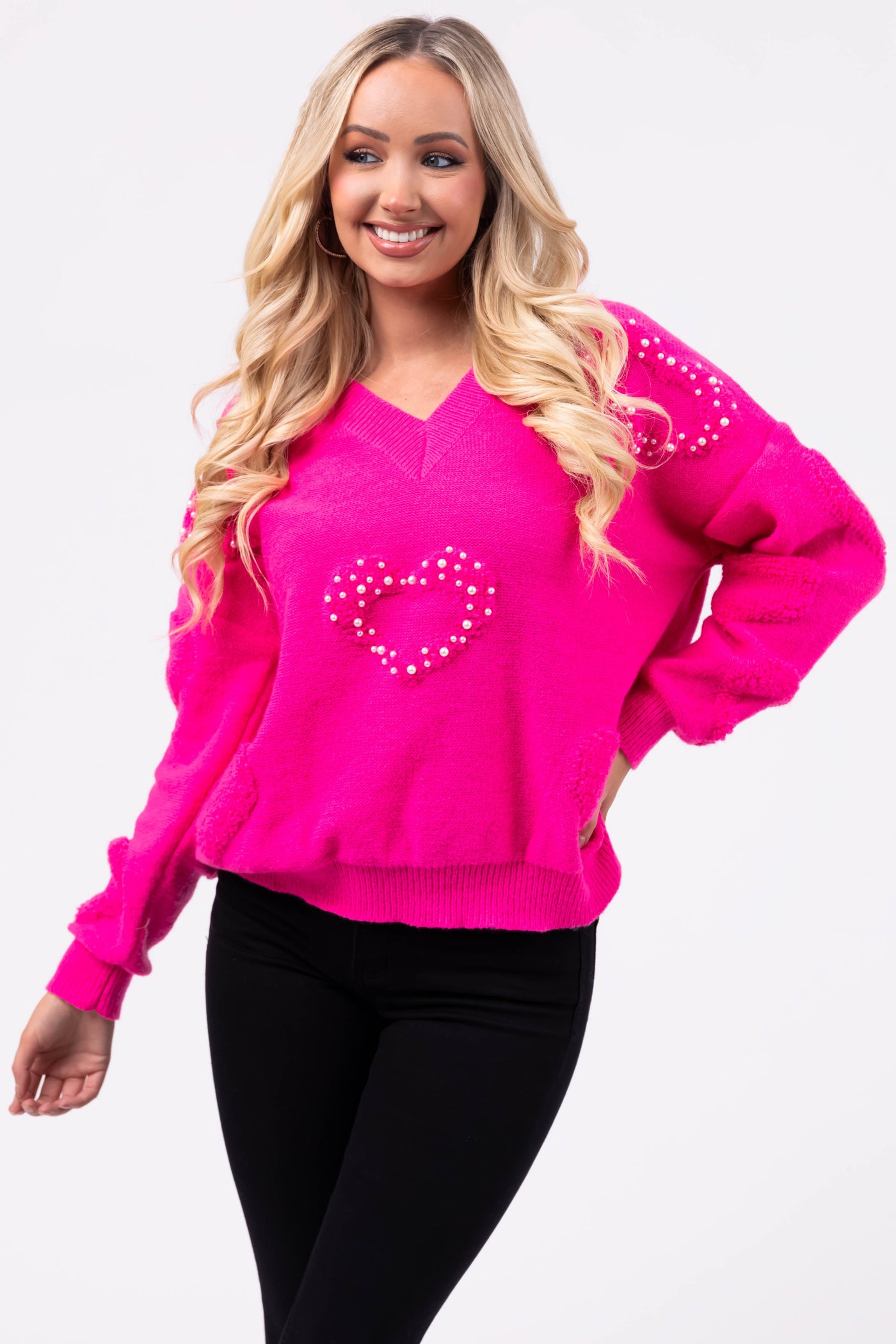 Magenta Pearl Embellished Heart Texture Sweater