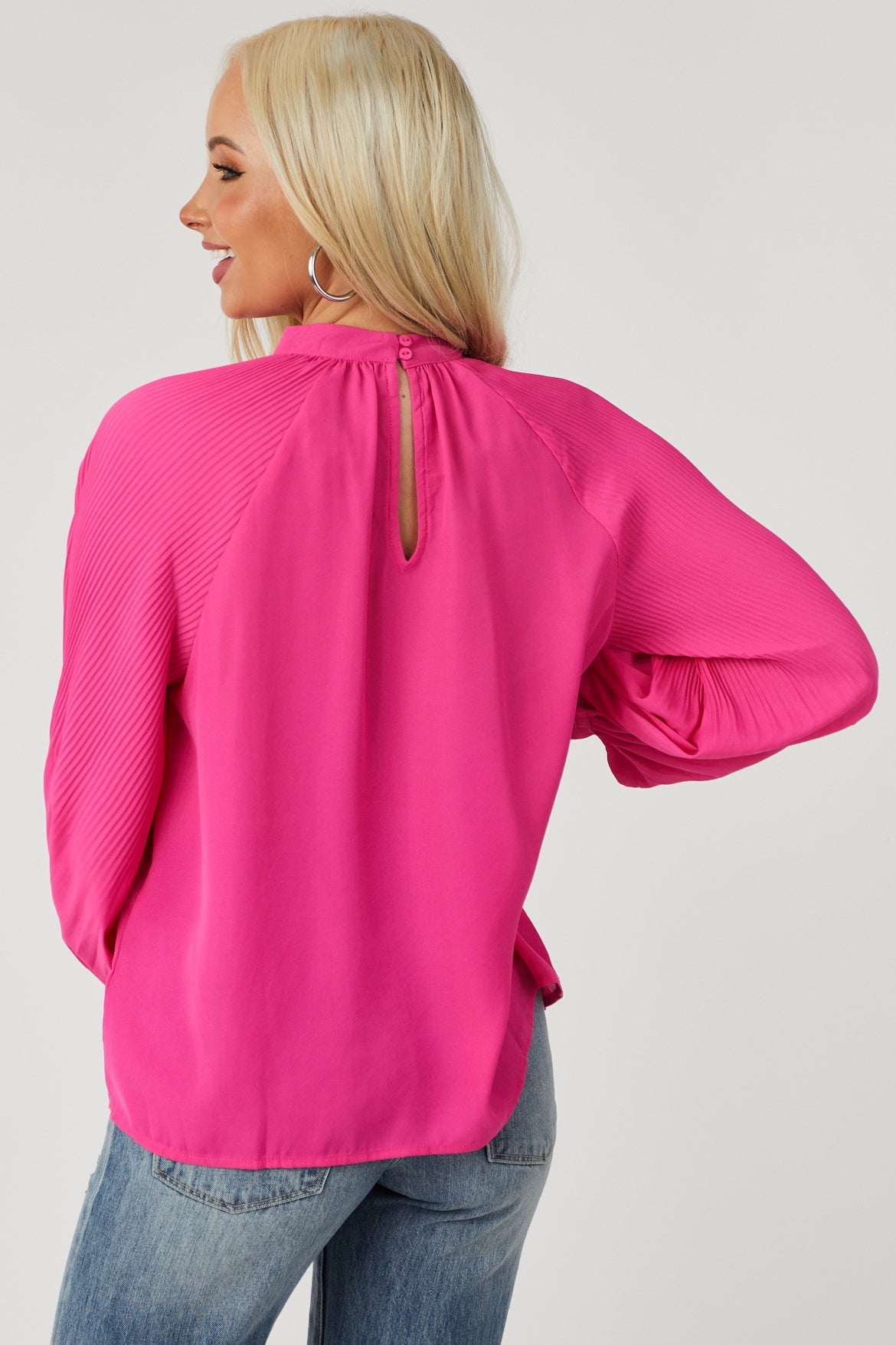 Magenta Pleated Bishop Sleeve High Neck Blouse