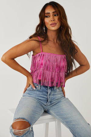 Magenta Rhinestone Studded Fringe Cami Top